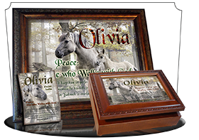 8x10-AN45, personalized 10x12 name meaning print, framed with  name meaning & Bible verse,  mom mother child horses white olivia  Magic enshrouds this enchanted forest, and this dapple grey and her young one, are no strangers to the whimsical antics of th