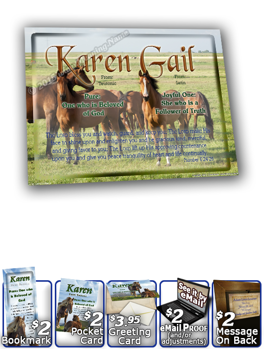 8x10-AN44, personalized 10x12 name meaning print, framed with  name meaning & Bible verse,  karen horses mother mom child  Your name has caught the attention of this curious horse, as he pulls away slightly from the rest of his heard to investigate what t