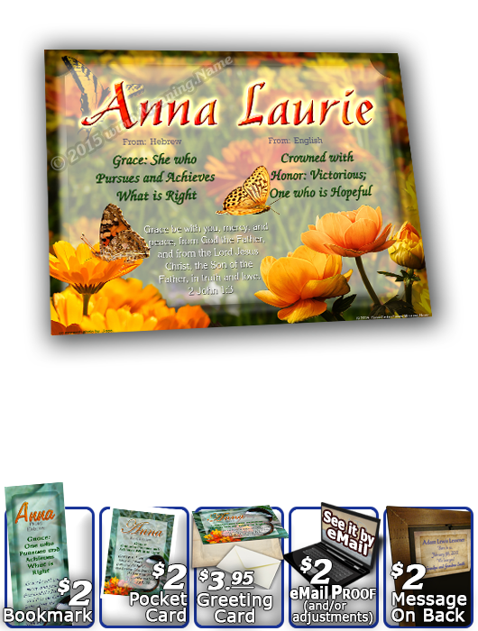 8x10-BF13, personalized 10x12 name meaning print, framed with  name meaning & Bible verse,  butterfly  green garden Anna