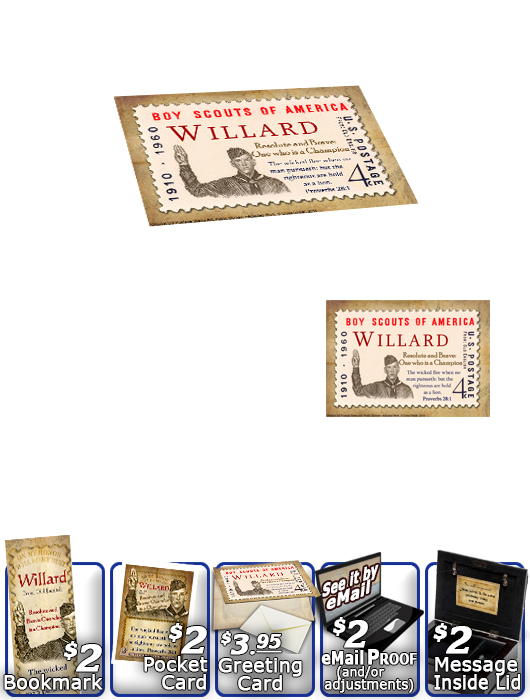 MU-CA02, Music Box with personalized name meaning & Bible verse,  willard  boy scouts stamp collecting