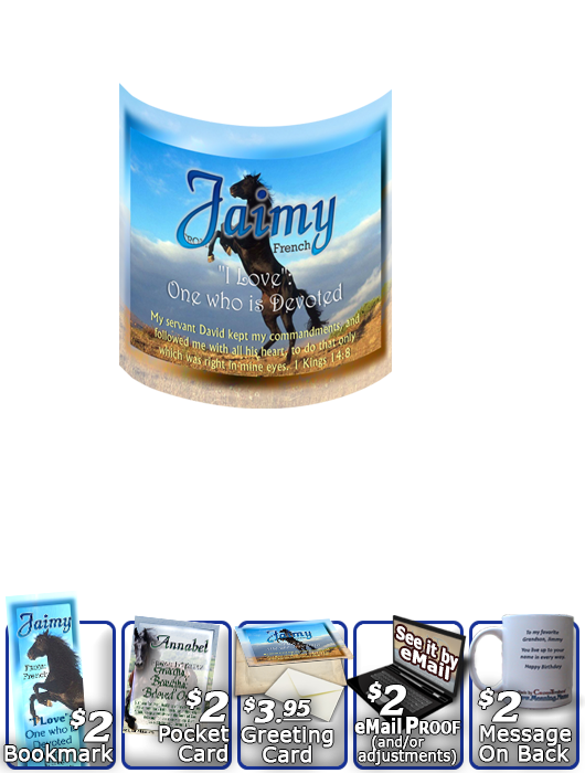 MU-AN29, Coffee Mug with Name Meaning and  Bible Verse Jaimy black horse beauty stallion