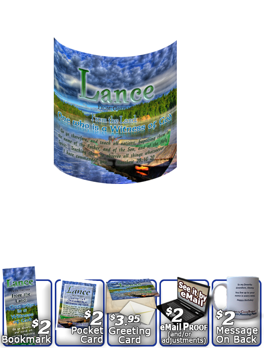 MU-SC10, Coffee Mug with Name Meaning and  Bible Verse, personalized, lance dock lake peace