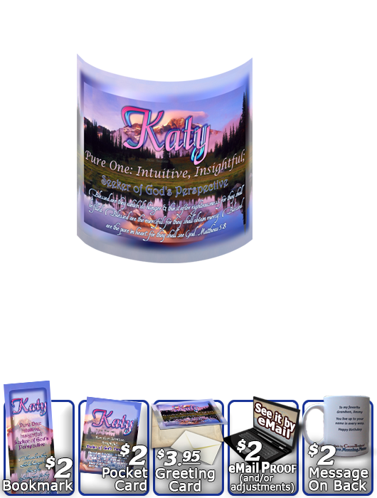 MU-SC28, Coffee Mug with Name Meaning and  Bible Verse, personalized, katy mountain lake pink, scenery