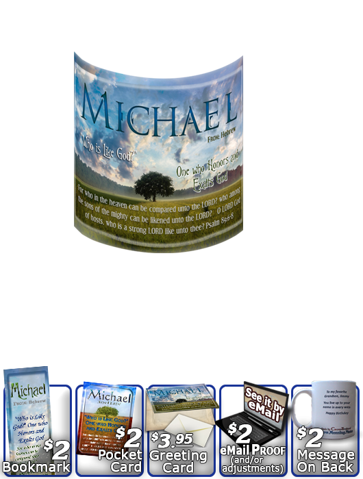 MU-TR13, Coffee Mug with Name Meaning and  Bible Verse, personalized, lone tree integrity, michael