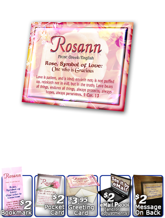 PL-FL17, Name Meaning Print,  Framed, Bible Verse, personalized, flower, rosann roses rose