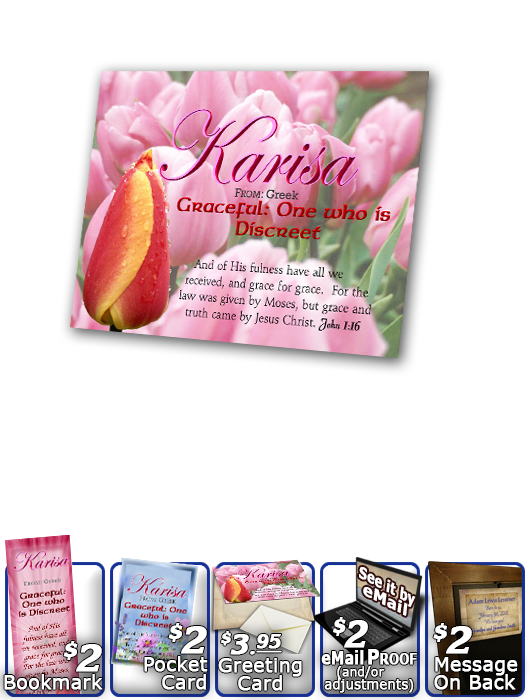 PL-FL25, Name Meaning Print,  Framed, Bible Verse, personalized, floral flower, karisa pink tulips