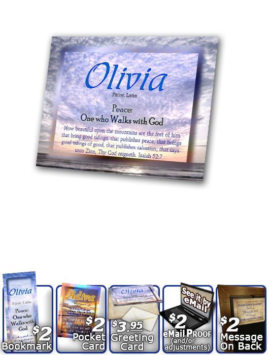 PL-SS15, Name Meaning Print,  Framed, Bible Verse, personalized, ocean, sunset, olivia