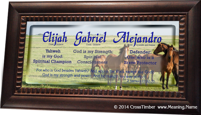 AN42 elijah gabriel alejandro name meaning on a framed plaque with horses