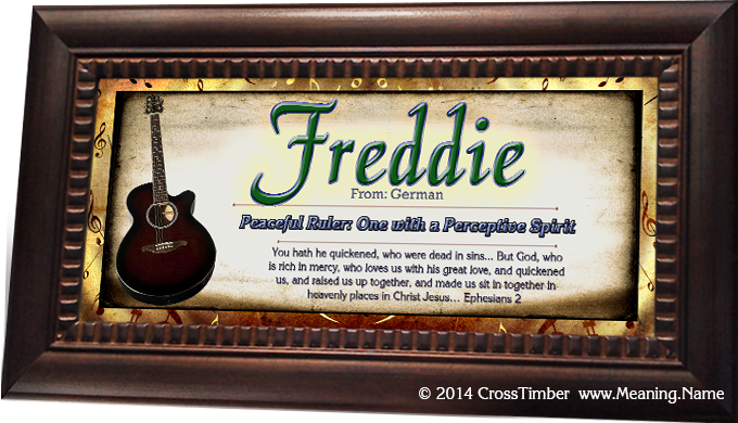 MU15 framed name meaning print with guitar and parchment paper, green text