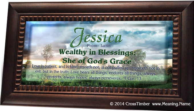 SS09 green trees and sunset behind name meaning print, framed jessica