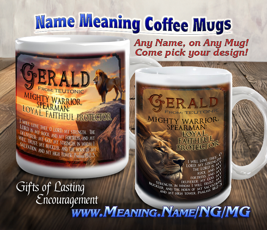 A personalized name meaning coffee mug with colorful artwork.