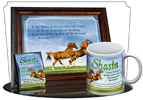 SG-MU-AN42, Coffee Mug with Custom Bible Verse Playful Horses happy joyful  brown, Zephaniah 3:17