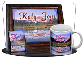 PL-SC28, Name Meaning Print,  Framed, Bible Verse, personalized, katy mountain lake pink, scenery