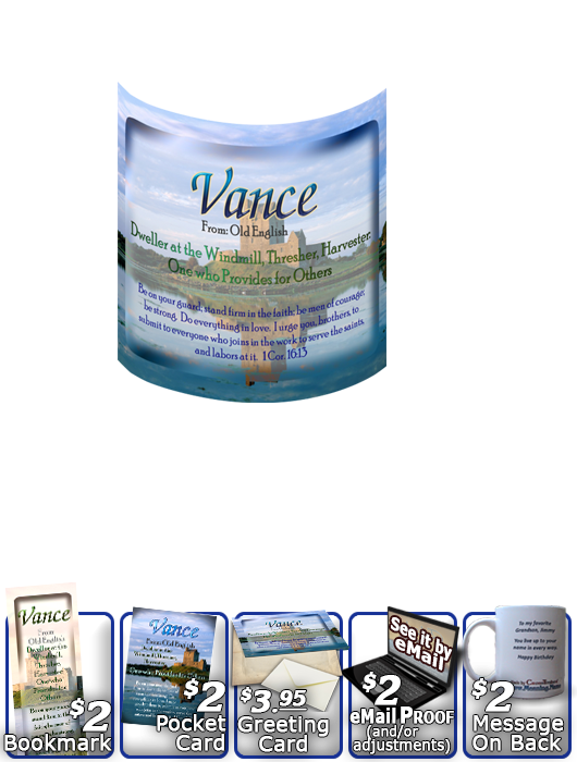 MU-SC34, Coffee Mug with Name Meaning and  Bible Verse, personalized, vance castle lake moat