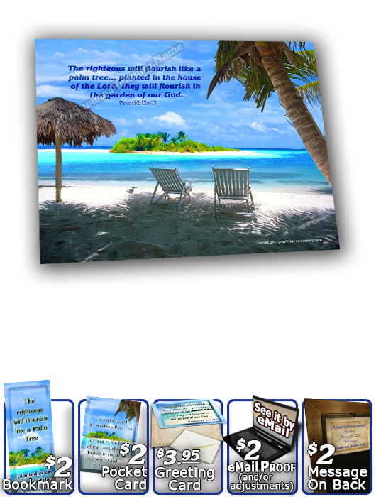 SG-8x10-WA06, Large 10x12 Plaque with Custom Bible Verse, personalized,  ocean beach vacation palm trees sand, Psalm 92:12a, 13